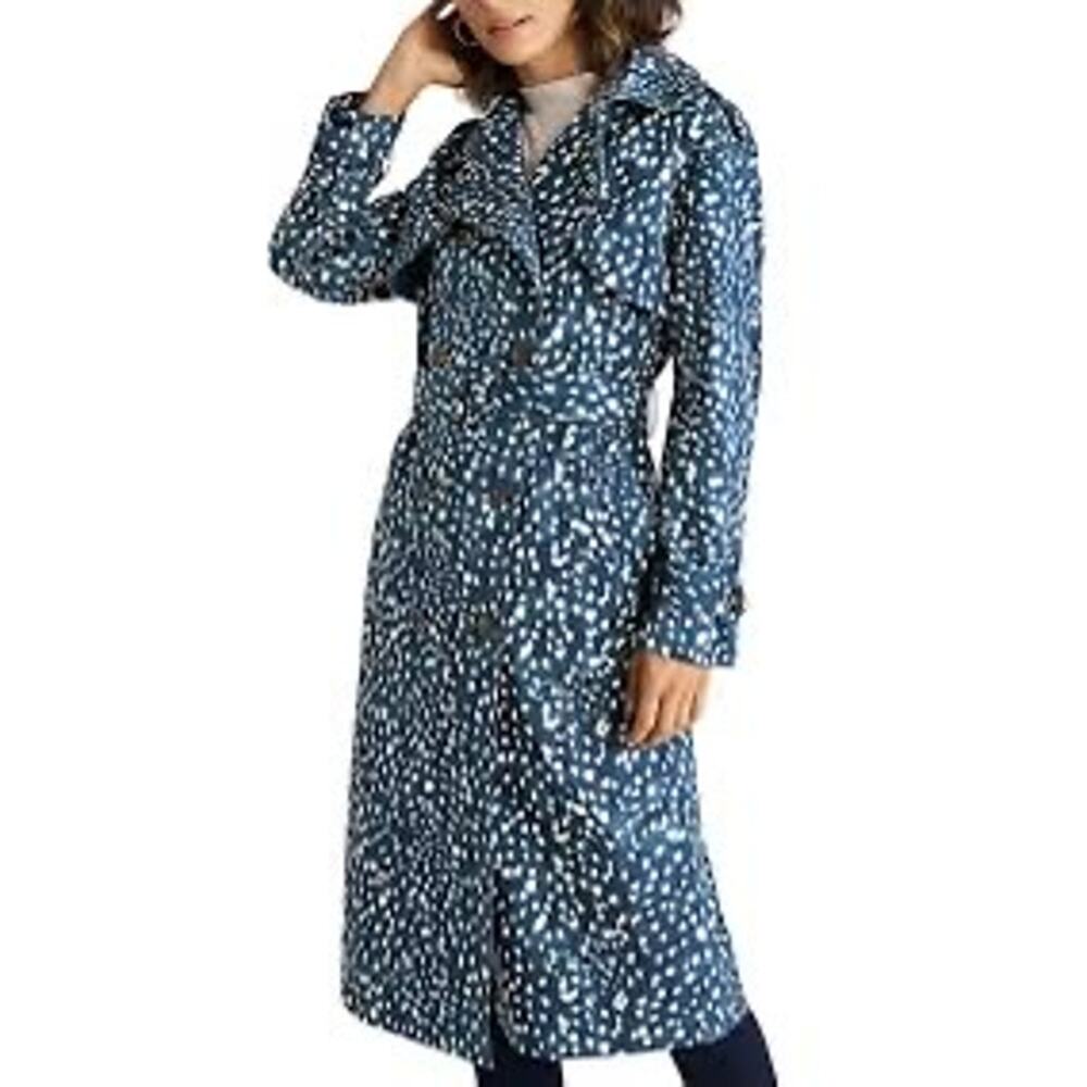 Ann Taylor Trench Coat Women’s Size Medium Blue Ivory Spotted Cotton Blend NEW